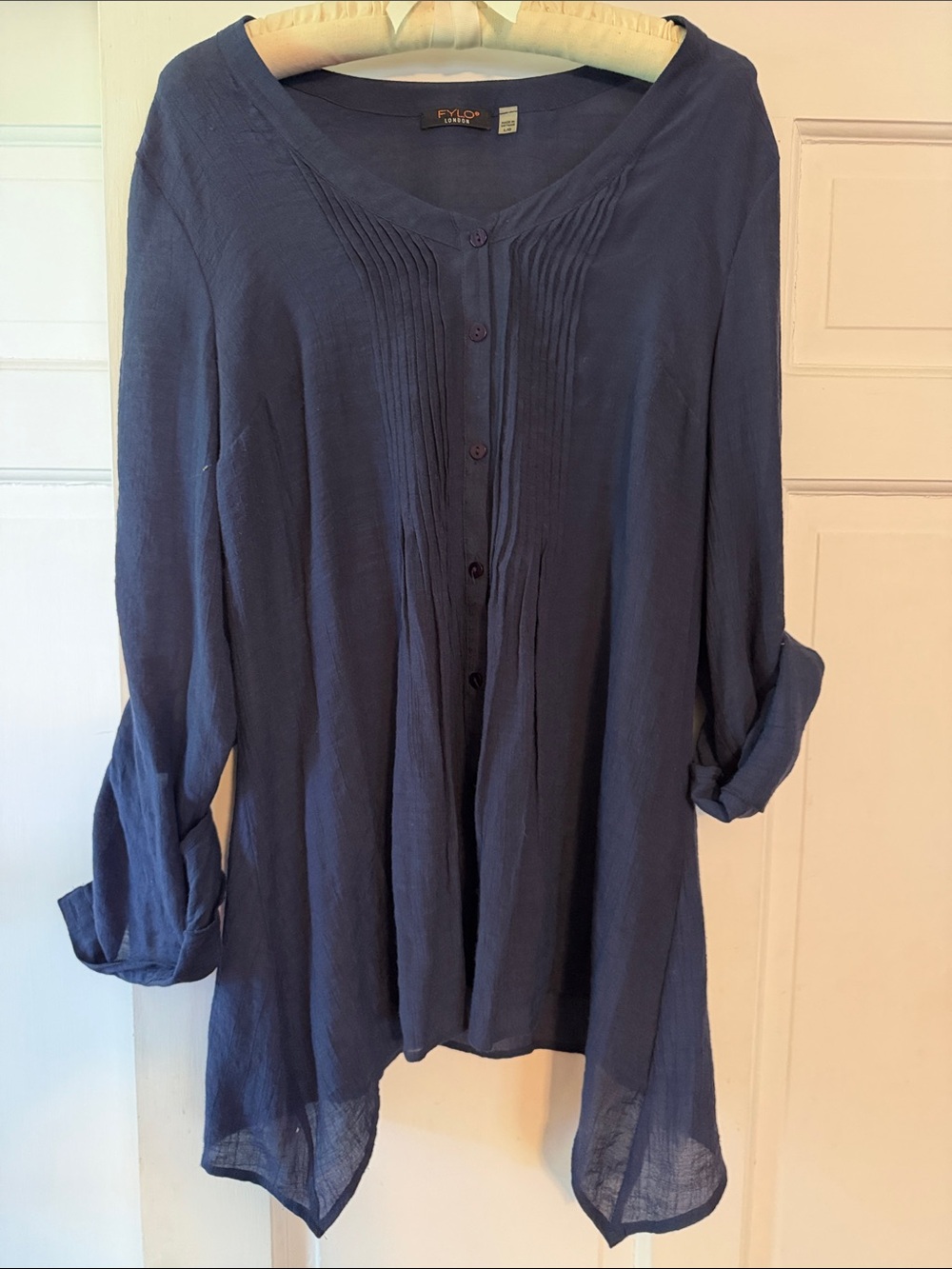 FYLO London Navy blue Pintuck Button-Front Tunic Blouse